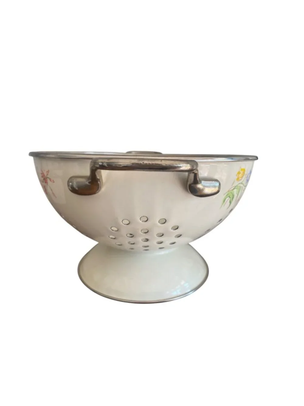 Vintage Kobe Enamelware Floral Colander Footed Enamel Strainer